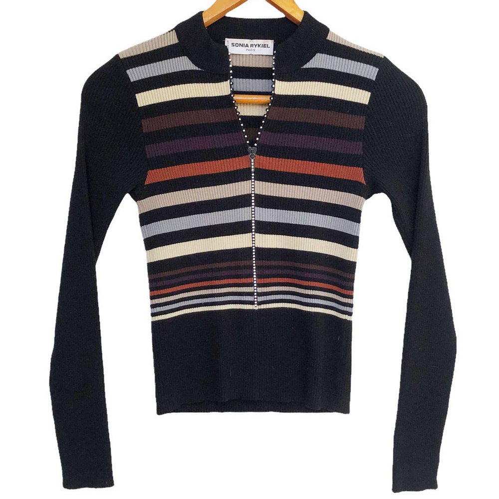 Sonia Rykiel | Vintage 1980's Wool Striped Zip Front Sweater Made in Italy